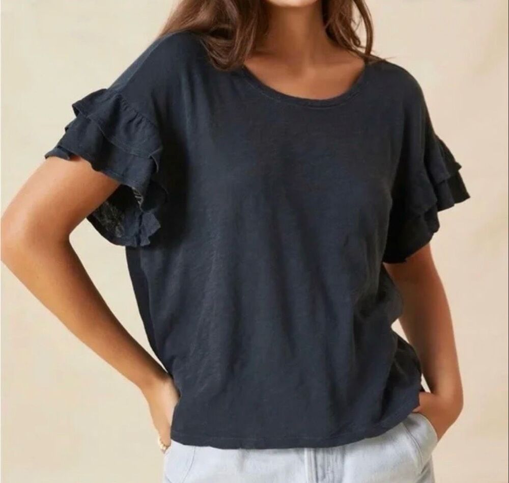 Pilcro X Anthropologie Heritage Femme Ruffle Sleeve Tee black XS NWOT